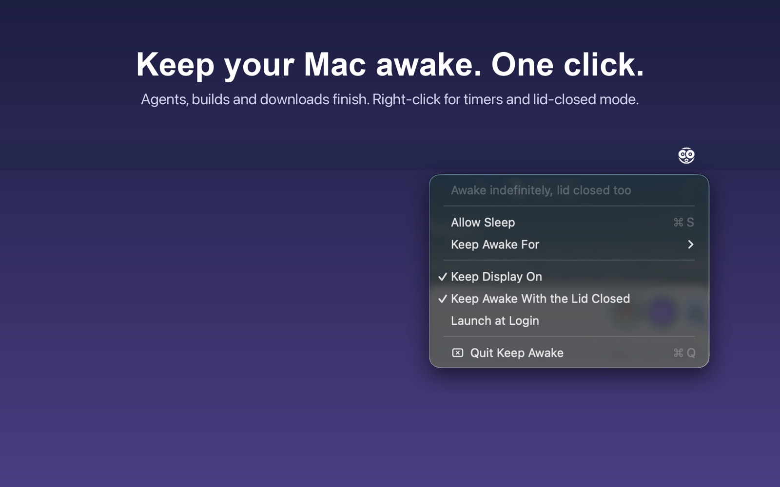 The Keep Awake menu: Allow Sleep, Keep Awake For, Keep Display On, Keep Awake With the Lid Closed, Launch at Login